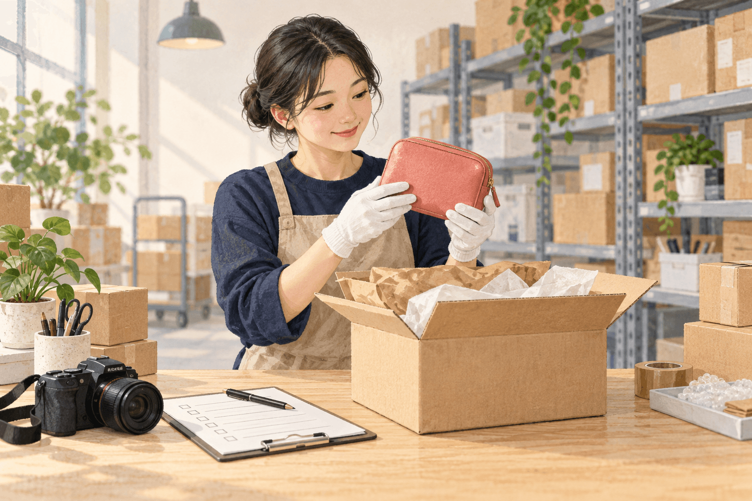 韓国センターに届いた商品を検品するスタッフ