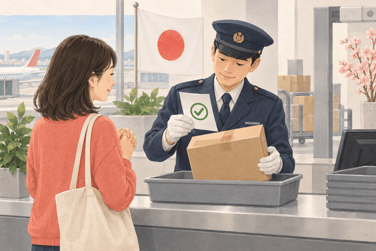 日本到着後に小包と書類を確認する通関担当者